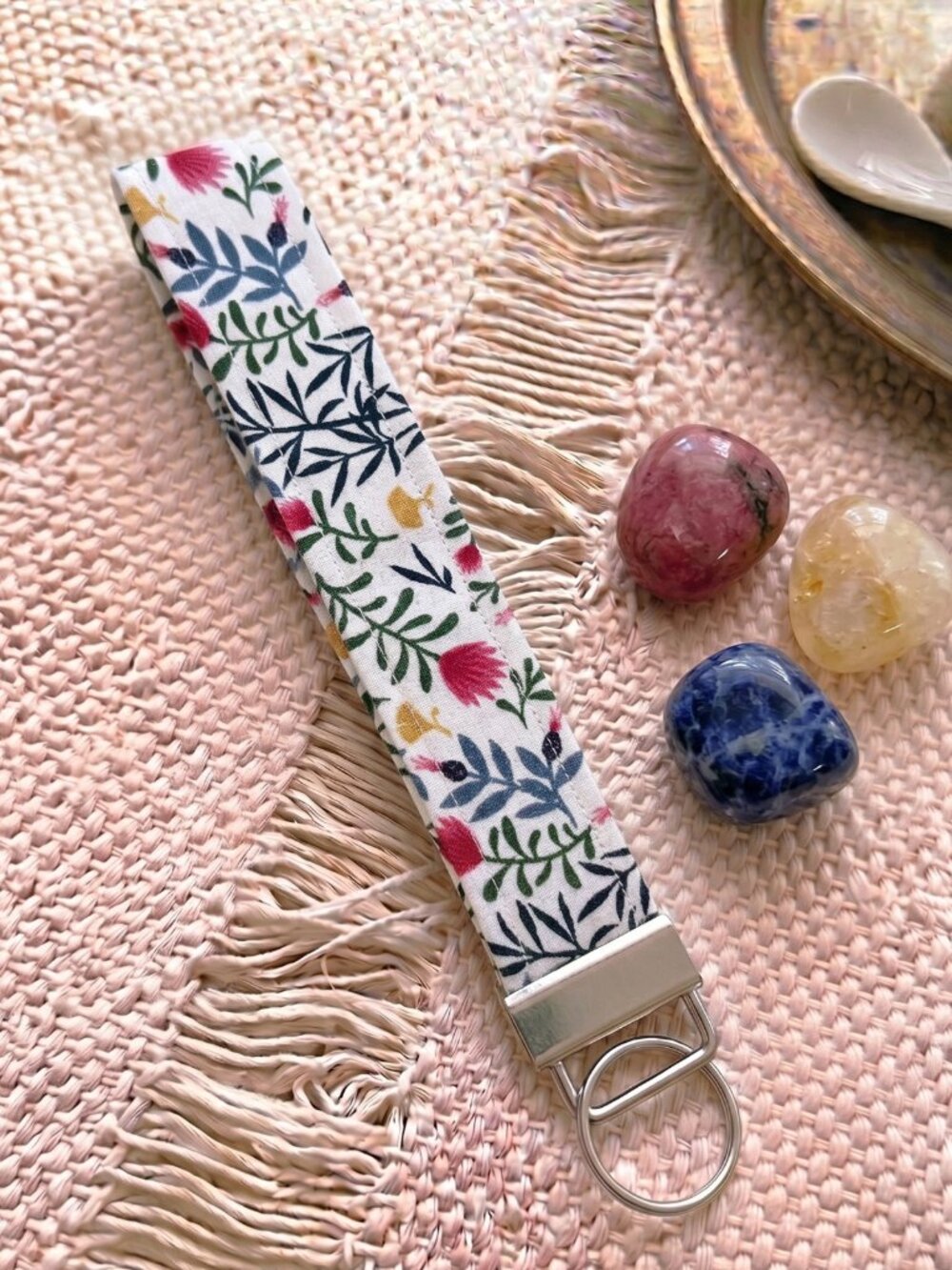 New Handmade Scandinavian Folk Wildflower Botanical Fabric Key Fob Wristlet